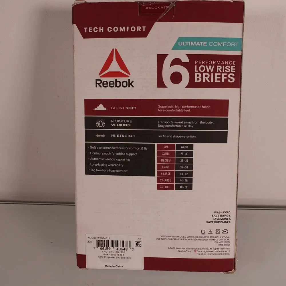 Reebok Tech Comfort Mens Low Rise Briefs Underwear 6 Pack 3XL Big and Tall New
